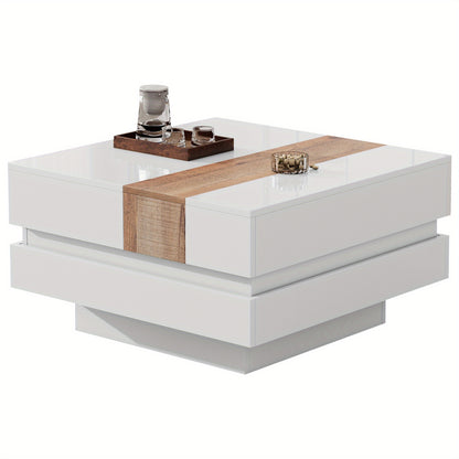 A High-Gloss Square Coffee Table Measuring 70*70*39Cm, Featuring a Retractable Tabletop, Hidden Storage, And a Partition, Available in White And Primary Colors