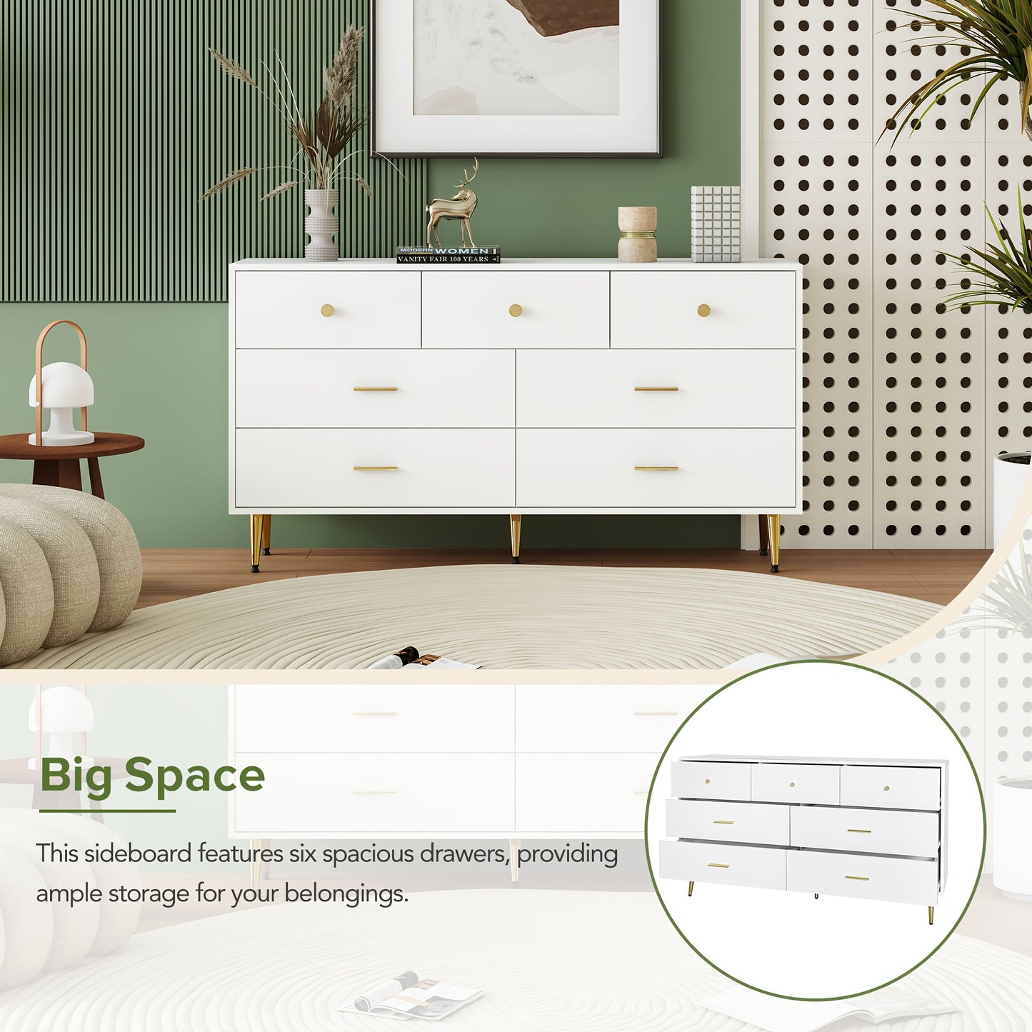 Furniture Piece with Multiple Drawers And Golden Details, Suitable for Dining Room Or Kitchen, Measuring 140*35*76Cm.