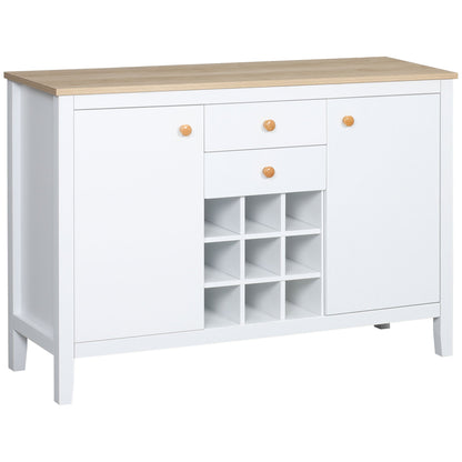 Opbergkast – Kastje – Dressoir – Bergkast – Buffetkast – 2 Laden – 2 Verstelbare Planken – Flessenhouder Voor 9 Flessen – Wit – Hout – 110 x 35 x 75 cm
