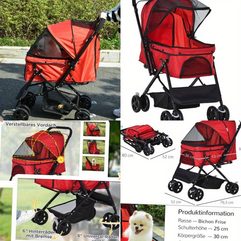 Huisdierscooter – Dierenwagen – Hondenbuggy – Kattenwagen – Draagwagen – Lichtgewicht & Duurzaam – Afmeting 76,5x52x95 cm – Rode Oxford Stof