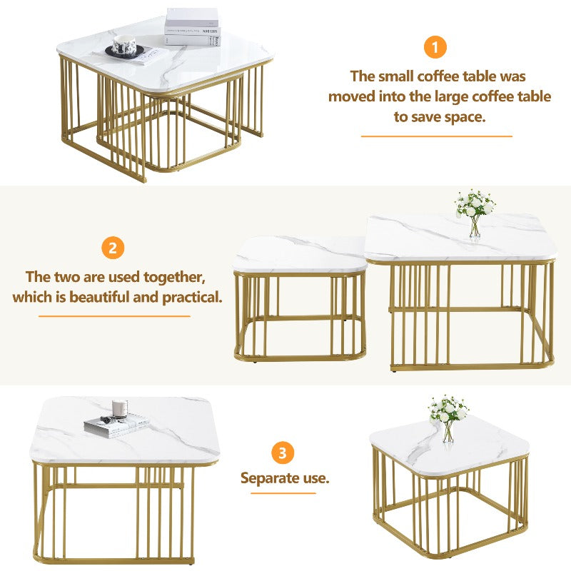 Nesting Salontafel Set – Bijzettafel – Tafelset – Woonkamertafel – Retro Tafels – Marmeren Blad – Goud Metalen Frame – Ruimtebesparend – Geen Montage