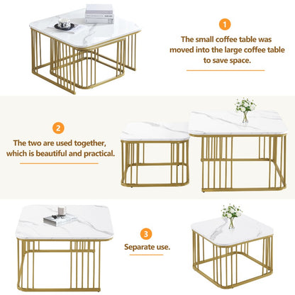 Nesting Salontafel Set – Bijzettafel – Tafelset – Woonkamertafel – Retro Tafels – Marmeren Blad – Goud Metalen Frame – Ruimtebesparend – Geen Montage