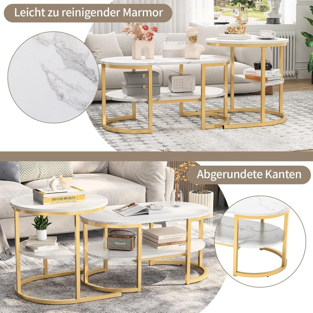 Salontafel Set – Moderne Salontafels – Bijzettafel – Woonkamer Tafels – Ovale Tafel – Gouden Metalen Poot – MDF Marmerlook – Compact Formaat