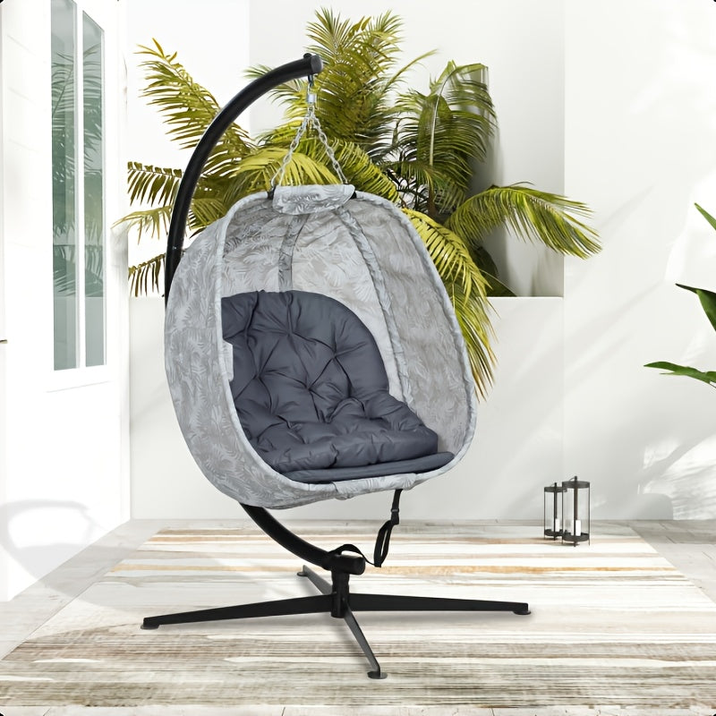 Hangstoel Vouwstoel Schommelstoel Relaxstoel Egg Chair – Grijs Kussen – Zwart Metaal Frame – Handmatig Verstelbare Rugleuning – Compact Opvouwbaar – Weerbestendig