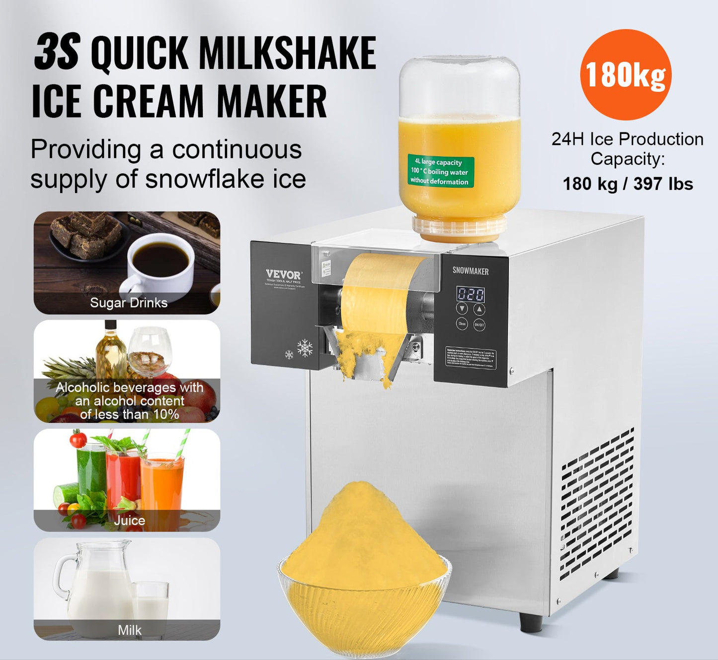 IJsmachine – IJsmaker – Snowflake IJs Machine – Softijsmachine – RVS – Hoge Capaciteit 180 kg/24u – Touchscreen Bedieningspaneel