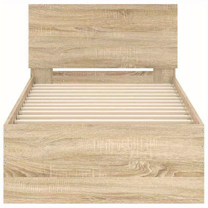 Bedframe – Eenpersoonsbed – Slaapbank – Kinderbed – Eenpersoonsbedframe – Sonoma Eiken – Hoofdbord – 90x200 cm – Hout & Metaal – Stevig & Stijlvol