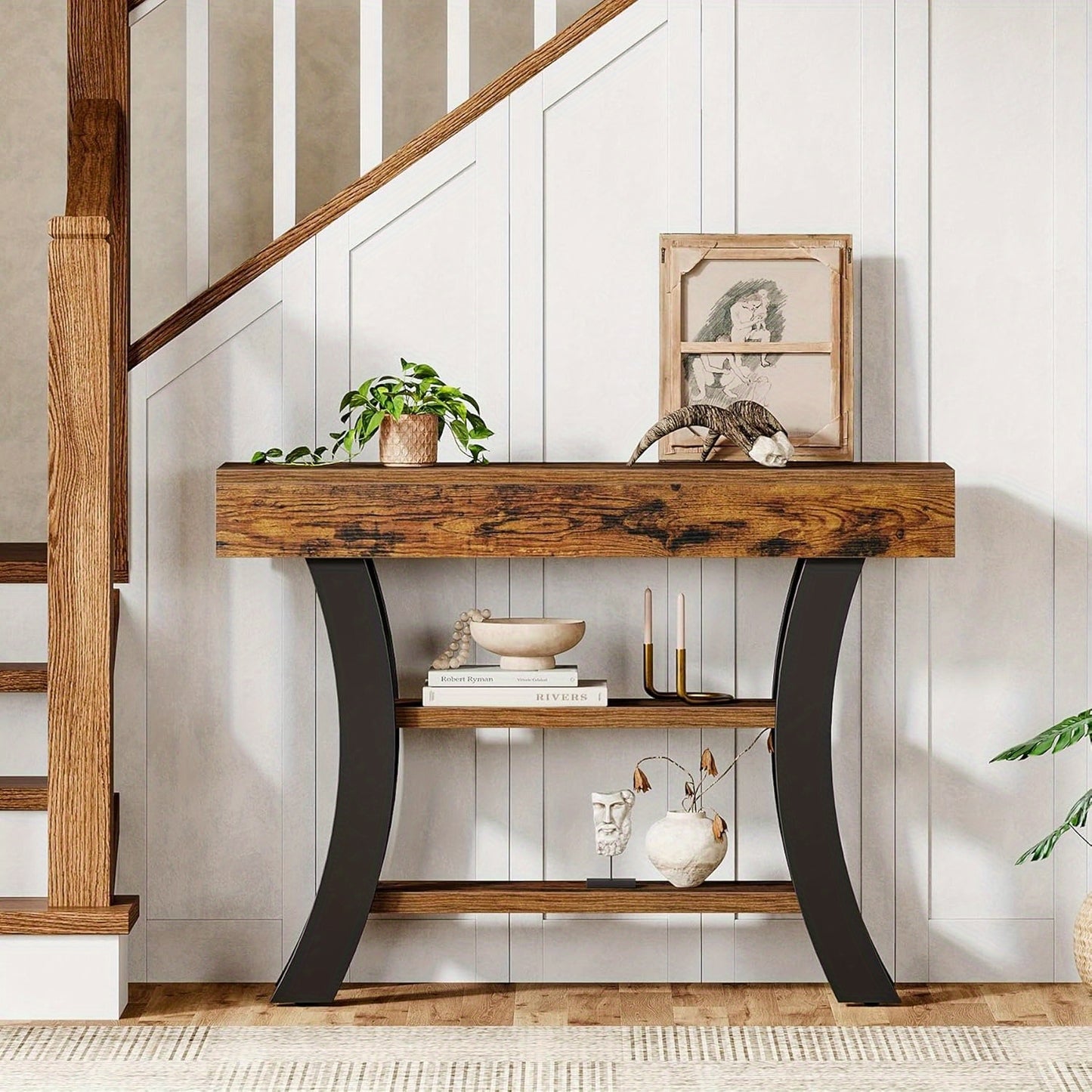 Sidetable – Haltafel – Sofa Tafel – Console Tafel – Wandtafel – 104 cm – 3 Opbergplanken – Rustic Brown – Gebogen Frame