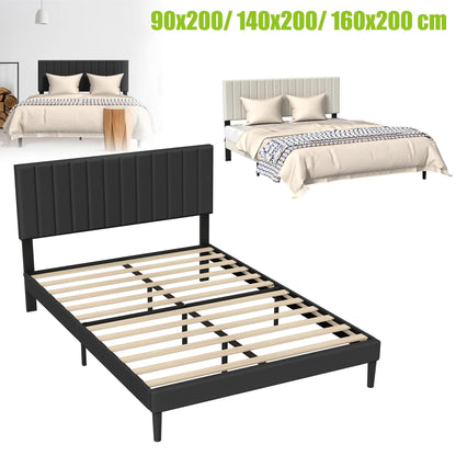Metalen Bedframe – Metaal Ledikant – IJzeren Bed – Bedframe Eenpersoons – Minimalistisch Bed – Gestoffeerd Hoofdbord – 90x200 cm – Draagkracht 300 kg – Voorgemonteerd – Zwart Frame Beige Fluwelen Hoofdbord