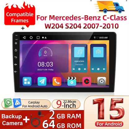 Double DIN Autoradio – Android Multimedia Systeem – Touchscreen Radio – Auto Stereo Navigatie – Mercedes C-Klasse W204 S204 2007-2010 – Draadloos CarPlay & Android Auto – 9 Inch Scherm met Achteruitrijcamera en Microfoon