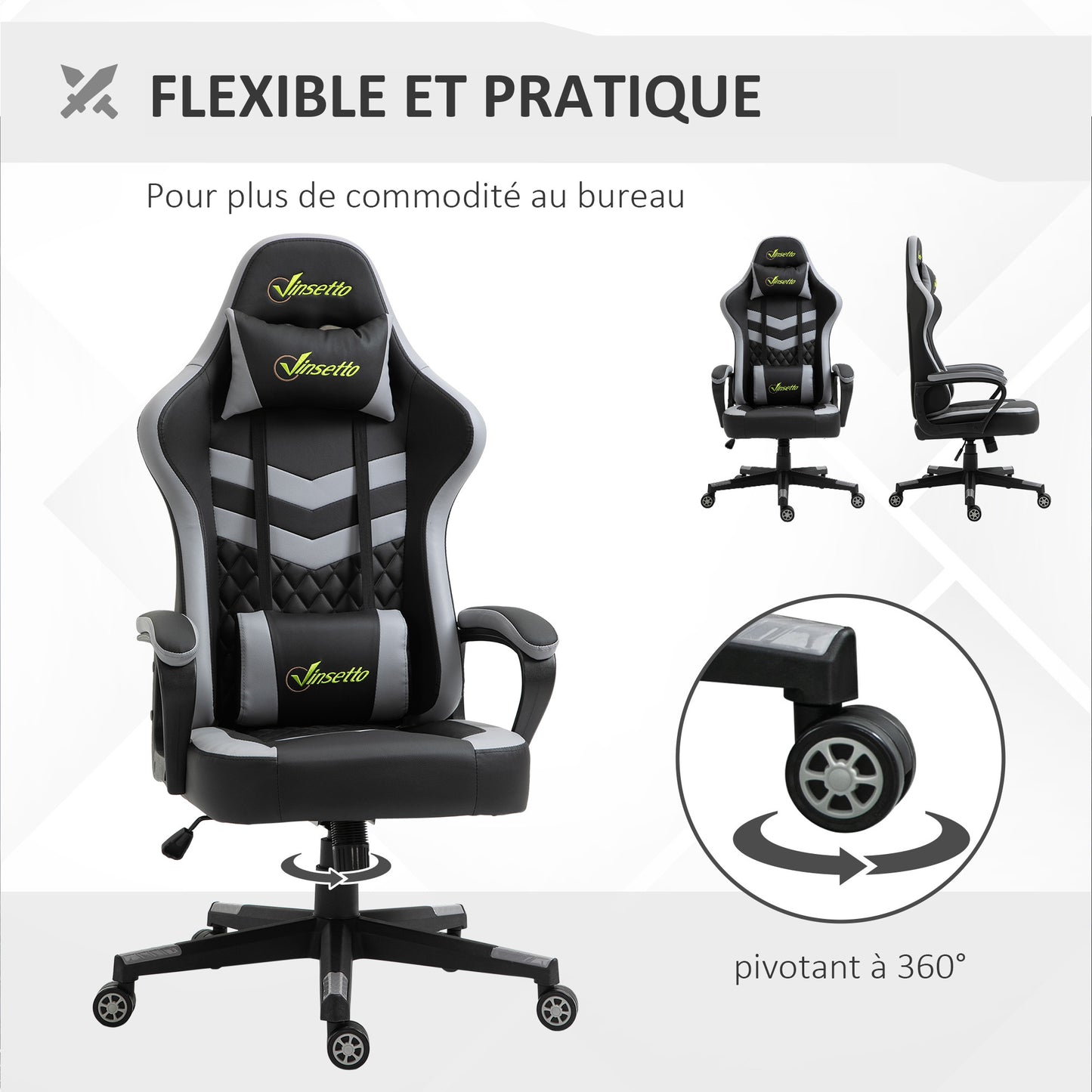 Gamingstoel – Bureaustoel – Office Chair – Gaming Chair – Gamer Stoel – Ergonomisch – Verstelbare Hoogte – Afneembare Hoofdsteun – Lendensteun – Zwart-Grijs