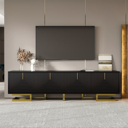 Modern Low-Profile TV Cabinet with Textured Doors & Golden Handles/Legs - -Standing Media Console, Ample Storage Space Suitable for, (No Wood)