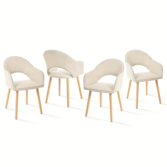 Eetkamerstoelen – Stoelen – Lounge Stoelen – Armleunstoelen – Zithoeken Stoelen – Licht Beige Polyester – Open Rugleuning – Massief Houten Poten – Set Van 4