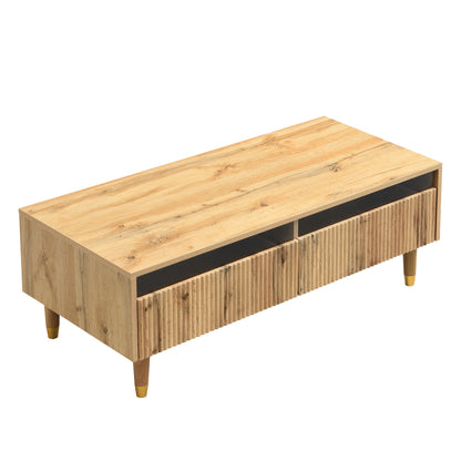 Modern Coffee Table with Wavy Drawer Top & Golden Wood-Legged Design - 2-Drawer Storage, Sturdy Metal Frame, Easy Assembly, No Power Needed for Living Room, Bedroom, Office - Contemporary Style, Coffee Table for Living Room,