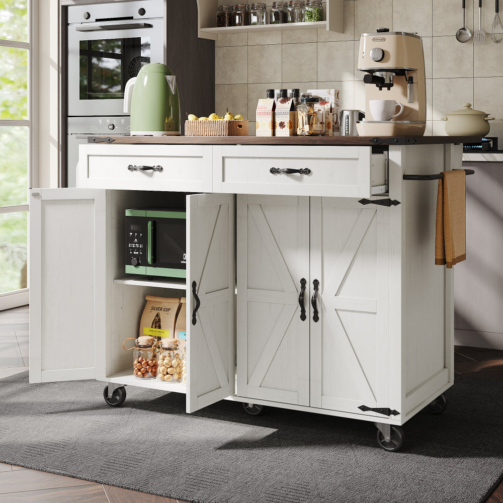 Mobile Kitchen Island Cart with Pull-Out Worktop, 4 Doors & 2 Drawers - Heavy-Duty Metal Frame White/Black Rolling Cabinet on Casters, Space-Saving Mobile Storage Trolley for Small Kitchens, Easy Assembly (No Wood)