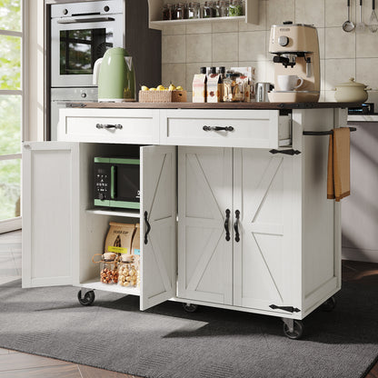 Mobile Kitchen Island Cart with Pull-Out Worktop, 4 Doors & 2 Drawers - Heavy-Duty Metal Frame White/Black Rolling Cabinet on Casters, Space-Saving Mobile Storage Trolley for Small Kitchens, Easy Assembly (No Wood)