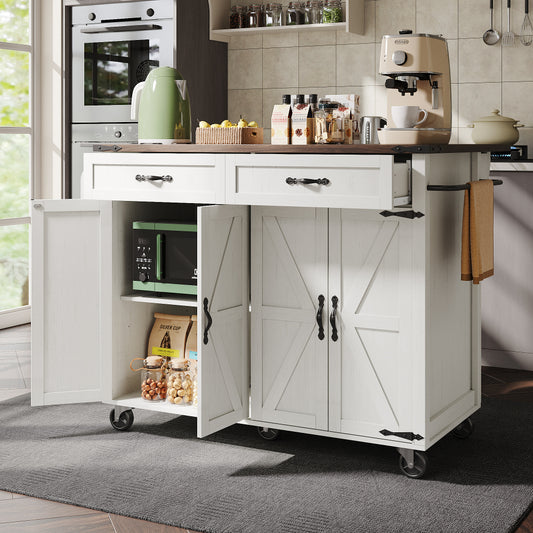 Mobile Kitchen Island Cart with Pull-Out Worktop, 4 Doors & 2 Drawers - Heavy-Duty Metal Frame White/Black Rolling Cabinet on Casters, Space-Saving Mobile Storage Trolley for Small Kitchens, Easy Assembly (No Wood)