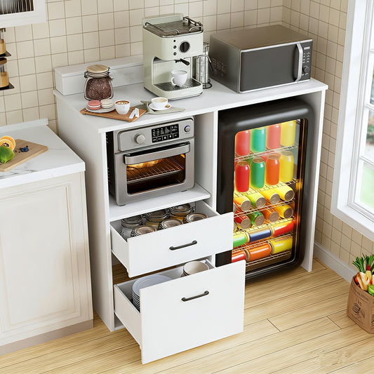 Two-in-one Kitchen Cabinet | Refrigerator Cabinet, White, Kitchen Side Cabinet with Microwave Rack, Buffet Cabinet with Two Drawers, Kitchen Cabinet with Worktop, Suitable for Dining Room, Living Room, and Kitchen, Made of Artificial Board and Hardw