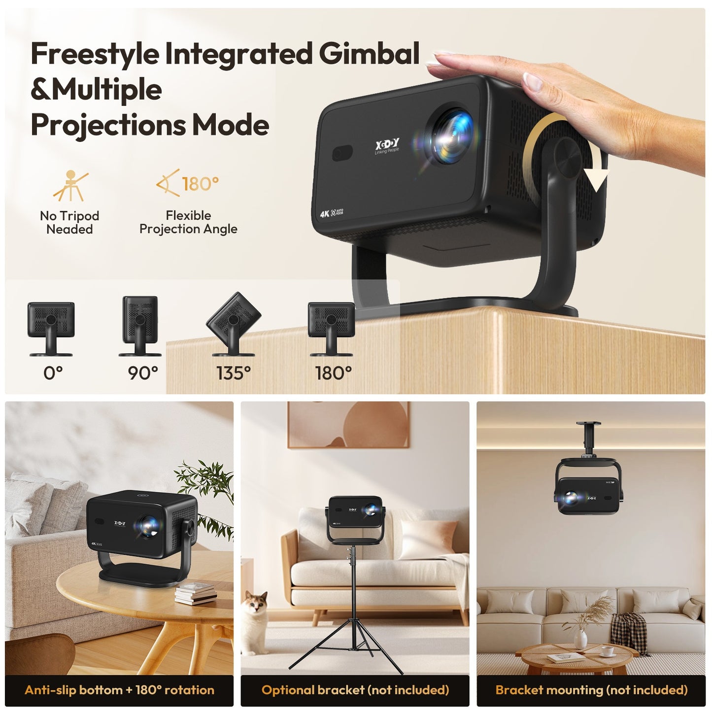 Slimme Projector – Beamer – Multimedia Projector – Draagbare Projector – Wifi Projector – Full HD 1080p Native Resolutie – 600 ANSI Lumen Helderheid – Android 11 Systeem – Automatische scherpstelling – Wit