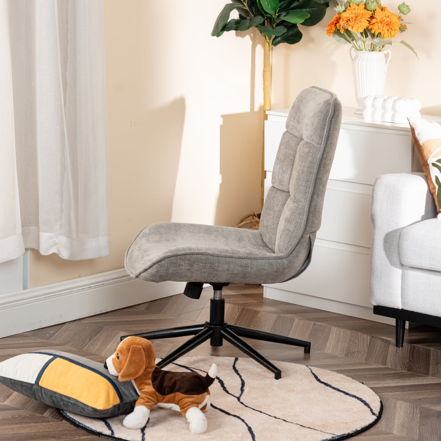 Relaxfauteuil – Lounge Stoel – Draaifauteuil – Relaxstoel – Armloos – Chenille Stof – 360° Draaibaar – Verstelbare Hoogte – Grijs – 67x61x89-95 cm