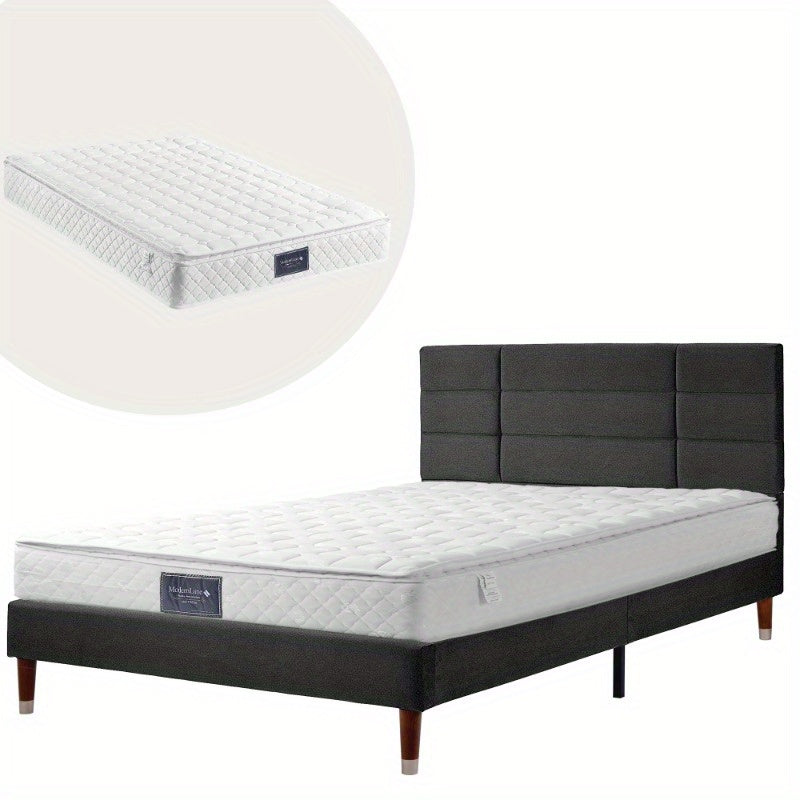 Tweepersoons Bedframe – Bedbodem – Boxspring – Bedframe Met Matras – Slaapbank – Zwart Linnen Gestoffeerd – 140x200 Cm – Inclusief Slatted Basis Met Donzen Kern Matras