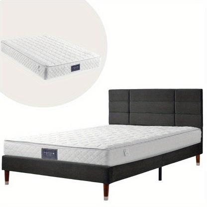 Tweepersoons Bedframe – Bedbodem – Boxspring – Bedframe Met Matras – Slaapbank – Zwart Linnen Gestoffeerd – 140x200 Cm – Inclusief Slatted Basis Met Donzen Kern Matras