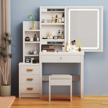 Kaptafel – Make-uptafel – Schminktisch – Toilettafel – Beautytafel – Met LED-verlichting – 4 Laden en Opbergruimte – Witte Afwerking – Inclusief Spiegel en Kruk