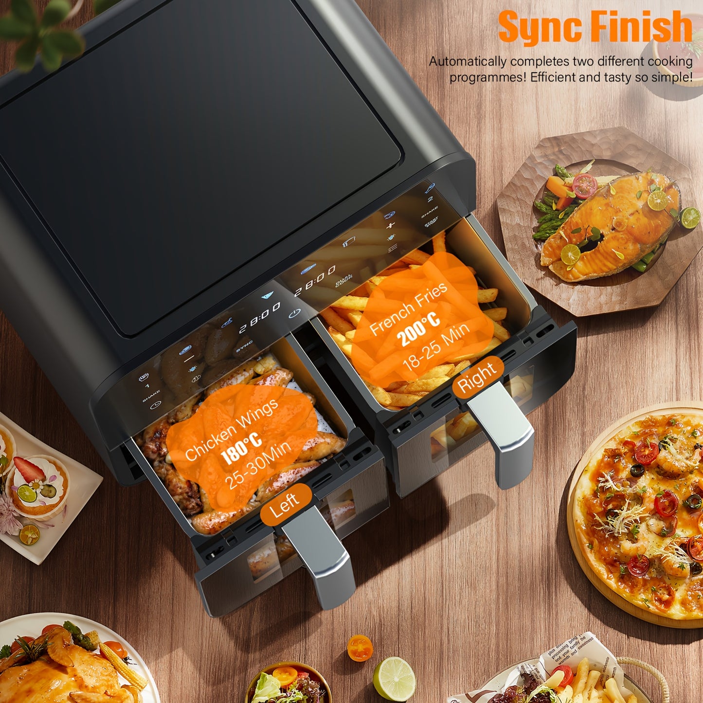 Airfryer – Heteluchtfriteuse – Gezond Frituren – Digitale Oven – Dubbele Mandjes – 10L Capaciteit – 2x 5L Mandjes – Touchscreen Met Verlichte Kijkvensters – Anti-aanbak Vaatwasserbestendig – Zwart