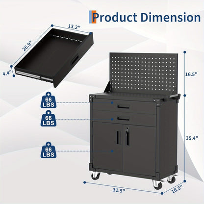 Gereedschapswagen – Werkplaatswagen – Gereedschapskast – Rolwagen – Toolcabinet – Zwaar Stalen Constructie – Verstelbare Planken & Pegboard