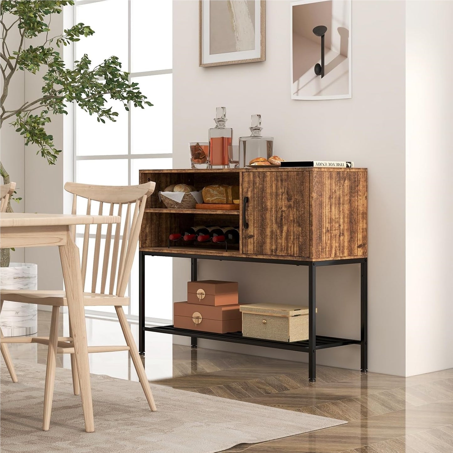 Dressoir – Sideboard – Opbergkast – Buffetkast – Ladekast – Met Wijnrek – Met Metalen Plank – 100x35x83 cm – MDF Houtlook