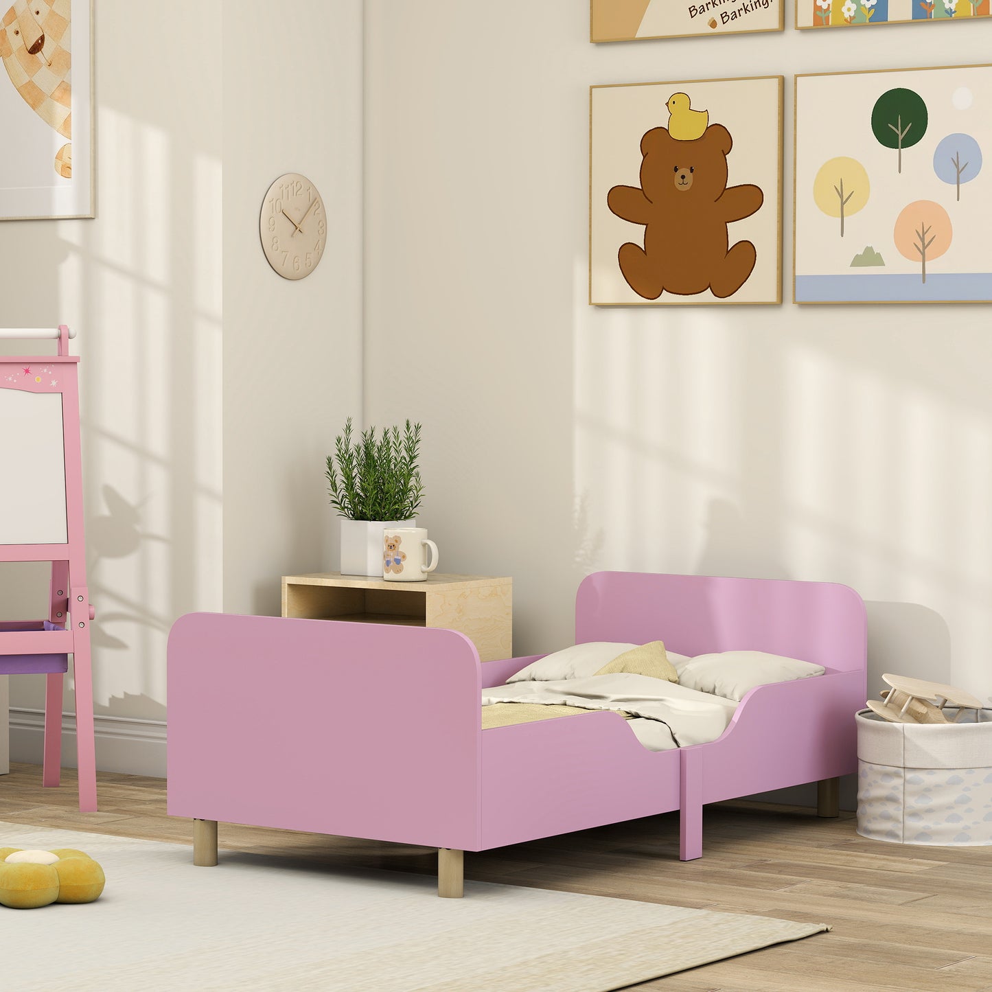 Kinderbedframe – Eenpersoons Bed – Kinderbed – Bedframe Met Veiligheidsrail – Kinderbed Roze – Compact Formaat – Stevig Materiaal