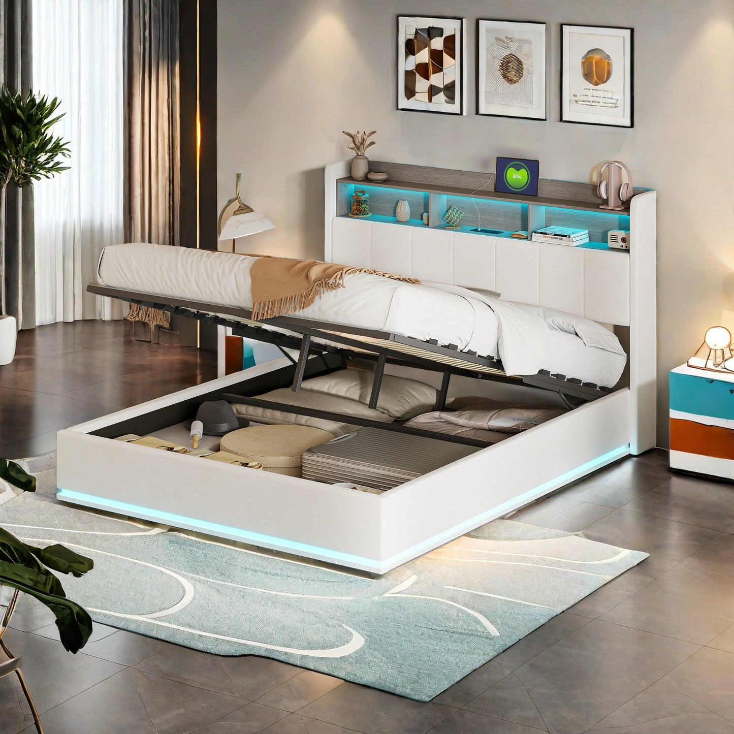Bedframe Gestoffeerd Tweepersoonsbed – Tweepersoonsbed Opbergruimte – Slaapbank Ledikant – Bed Met Hoofdbord – 160x200 cm – Met LED-verlichting – Inclusief USB-poorten