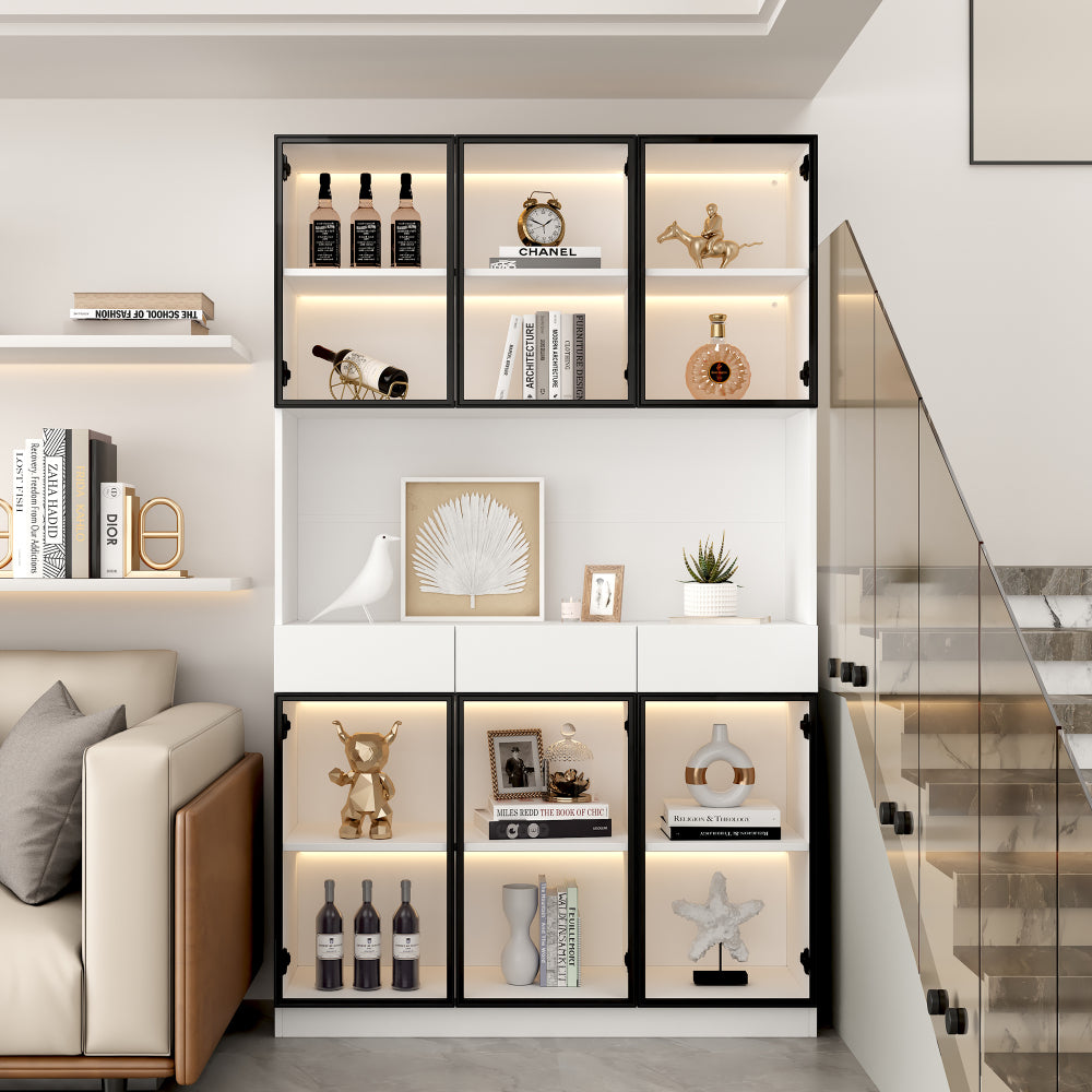 200 cm High Glass Cabinet Doors | White Multi-Tiered Storage Bookshelves with Black and White Door Frames, Suitable for Collectibles, Bedrooms, Living Rooms, and Offices, Contemporary Style, Metal Material