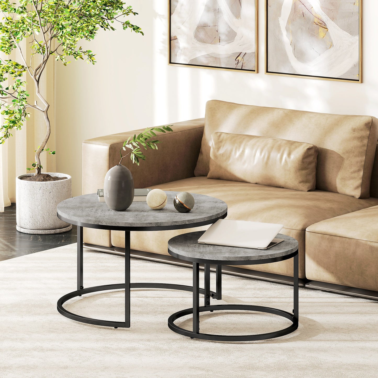 Salontafel Set – Bijzettafel – Koffietafel – Nachtkastje – Ronde Tafels – Grijs Marmerlook – Industrieel Design – Metalen Frame – Ruimtebesparend Schuifsysteem
