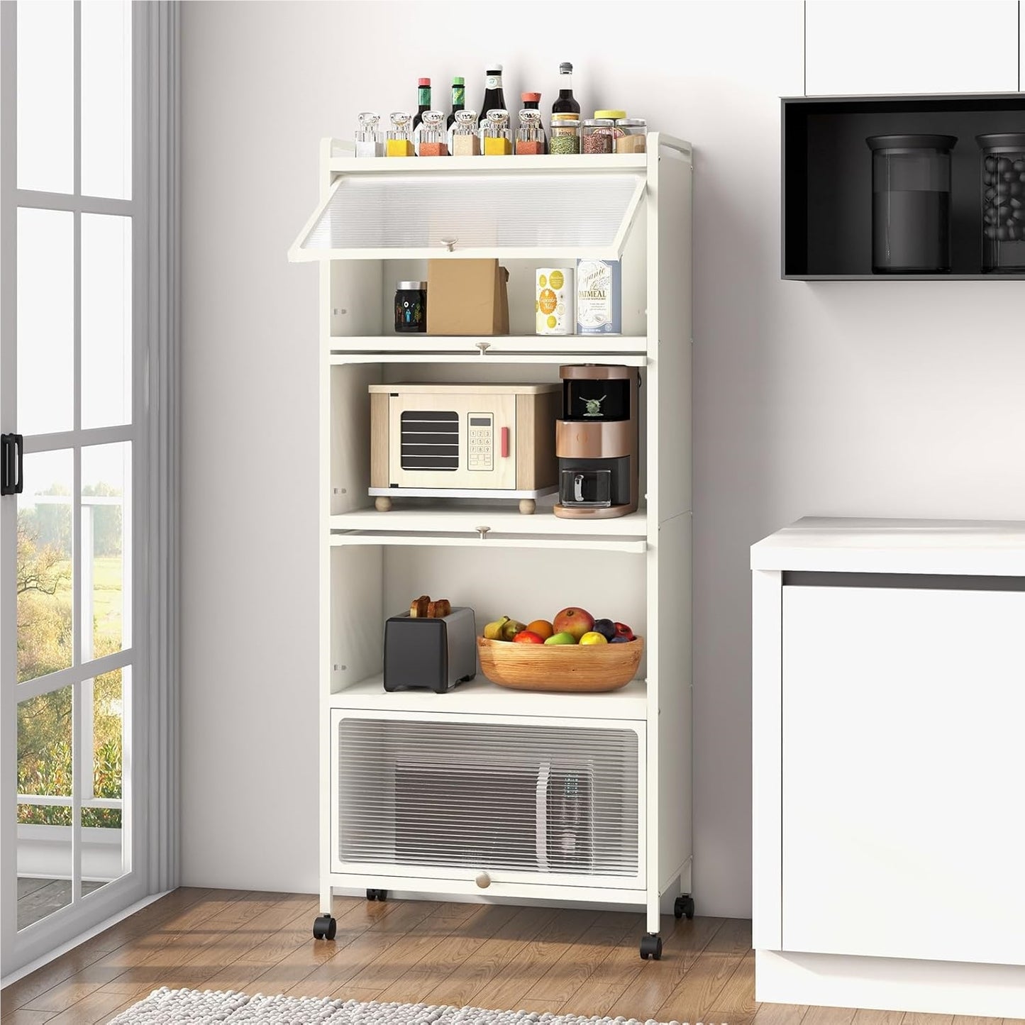 Keukenkast op Wieltjes – Opbergkast – Keukenrek – Kast met Deuren – Staande Kast – 5 Opbergniveaus – Stalen Frame – Lockbare Wielen