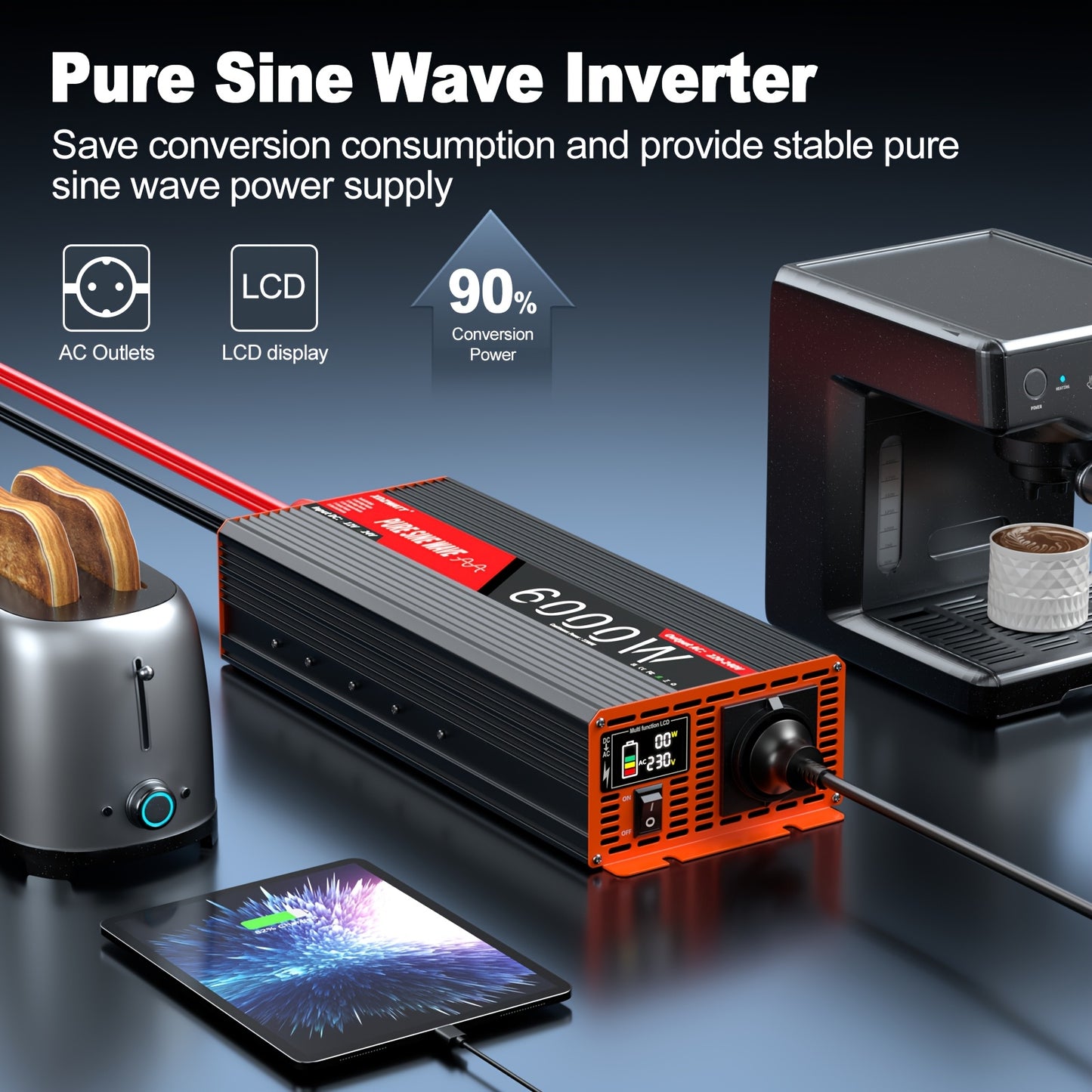 Omvormer – Spanningsomvormer – Power Inverter – Stroomconverter – 12V naar 230V – Pure Sinusgolf – 6000W Piekvermogen – Compact Met LCD Display