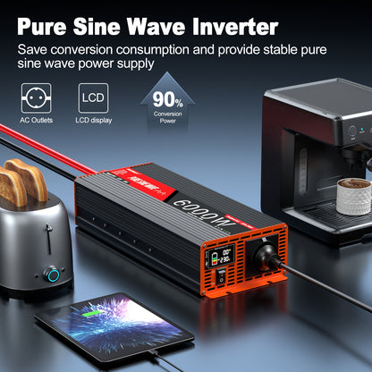 Omvormer – Spanningsomvormer – Power Inverter – Stroomconverter – 12V naar 230V – Pure Sinusgolf – 6000W Piekvermogen – Compact Met LCD Display