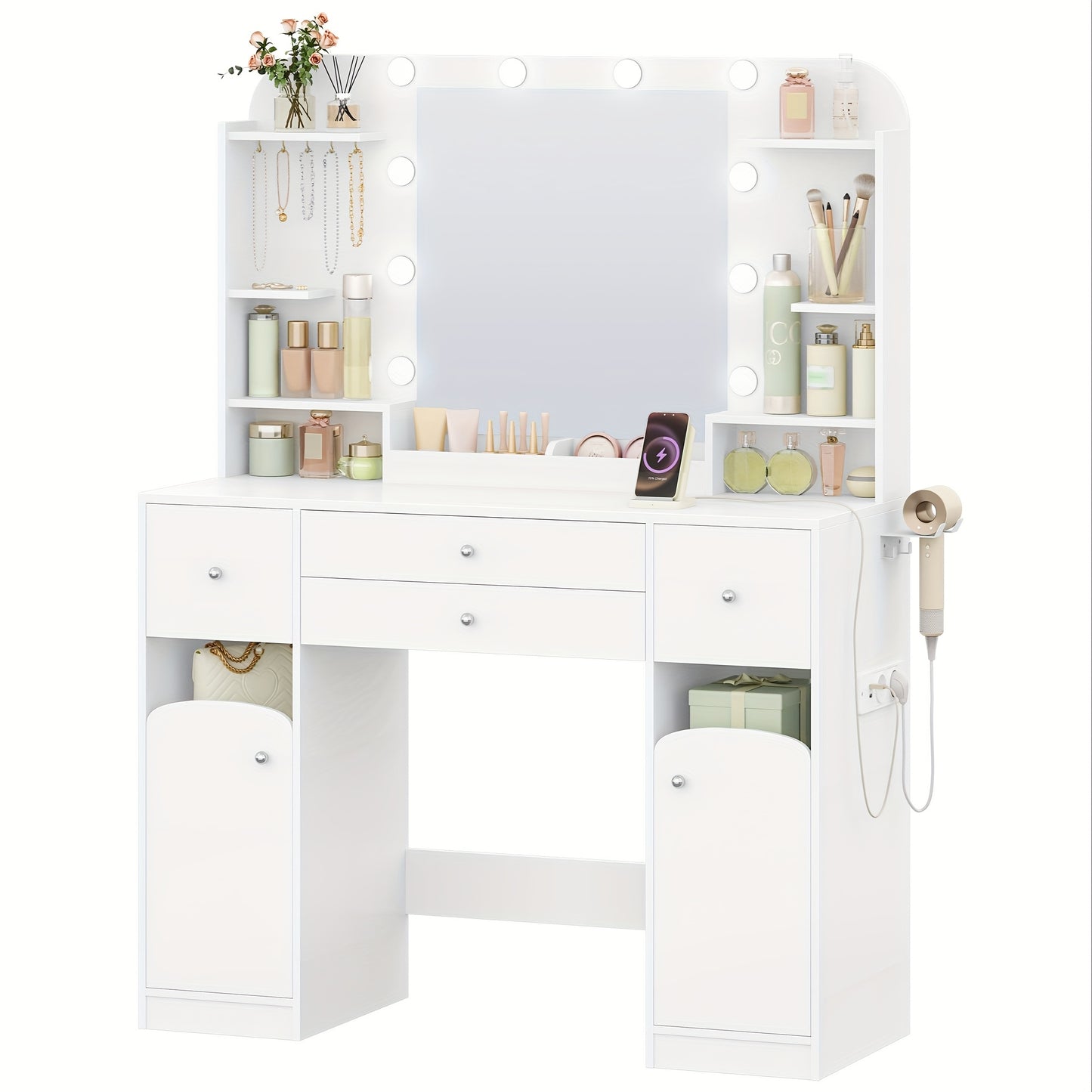 Jewelry Cabinet, Dressing Table With LED Lighting, With Plug And Hairdryer Holder, Large Tabletop 108 Cm, Dressing Table With 2 Large Drawers With Jewelry Tray, 2 Cabinets, 40 X 108 X 144 Cm, White, Jewelry Armoires - QUORE