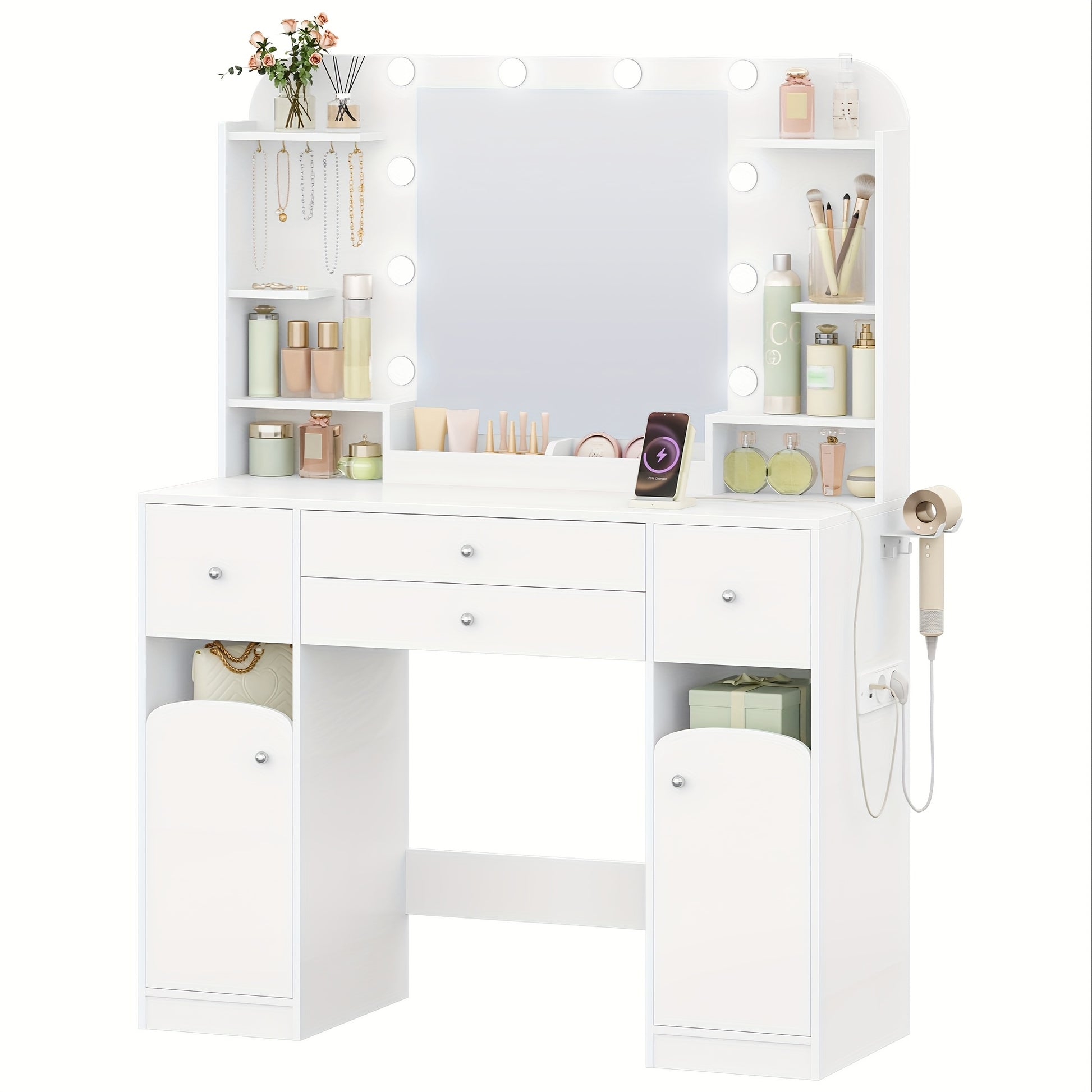 Jewelry Cabinet, Dressing Table With LED Lighting, With Plug And Hairdryer Holder, Large Tabletop 108 Cm, Dressing Table With 2 Large Drawers With Jewelry Tray, 2 Cabinets, 40 X 108 X 144 Cm, White, Jewelry Armoires - QUORE