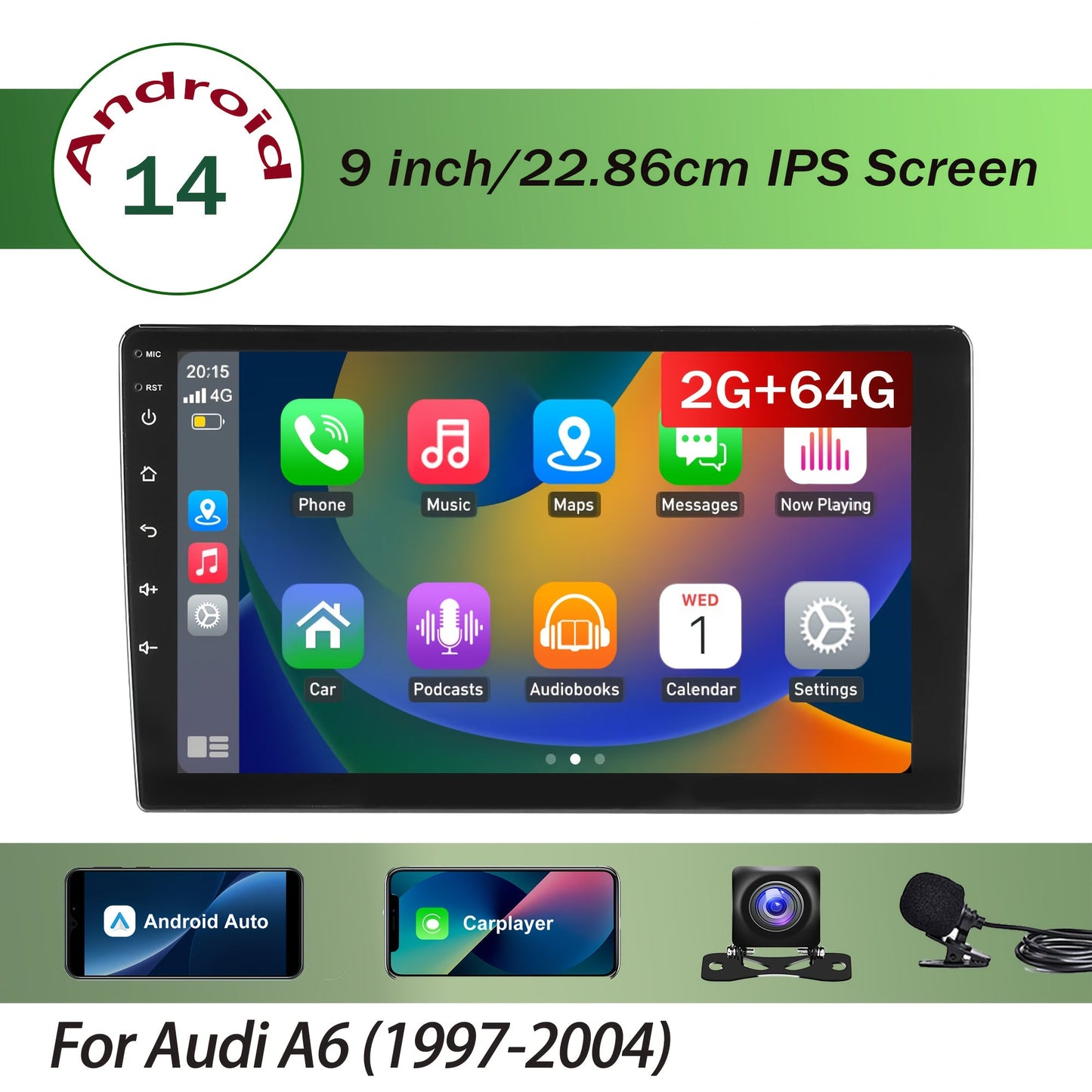 Autoradio – Multimedia Speler – Car Stereo – Auto Audio – 2-DIN – 9 inch IPS Touchscreen – Android 14 – Draadloos CarPlay met Camera & Microfoon