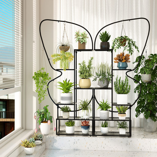 Plantenstandaard – Plantenrek – Bloemenrek – Plantenhouder – Plantenmeubel – Set Van 2 Zwarte 6-Laagse Standaards – 185 cm Hoog – 12 Metalen Roosterplanken Met 4 Haken