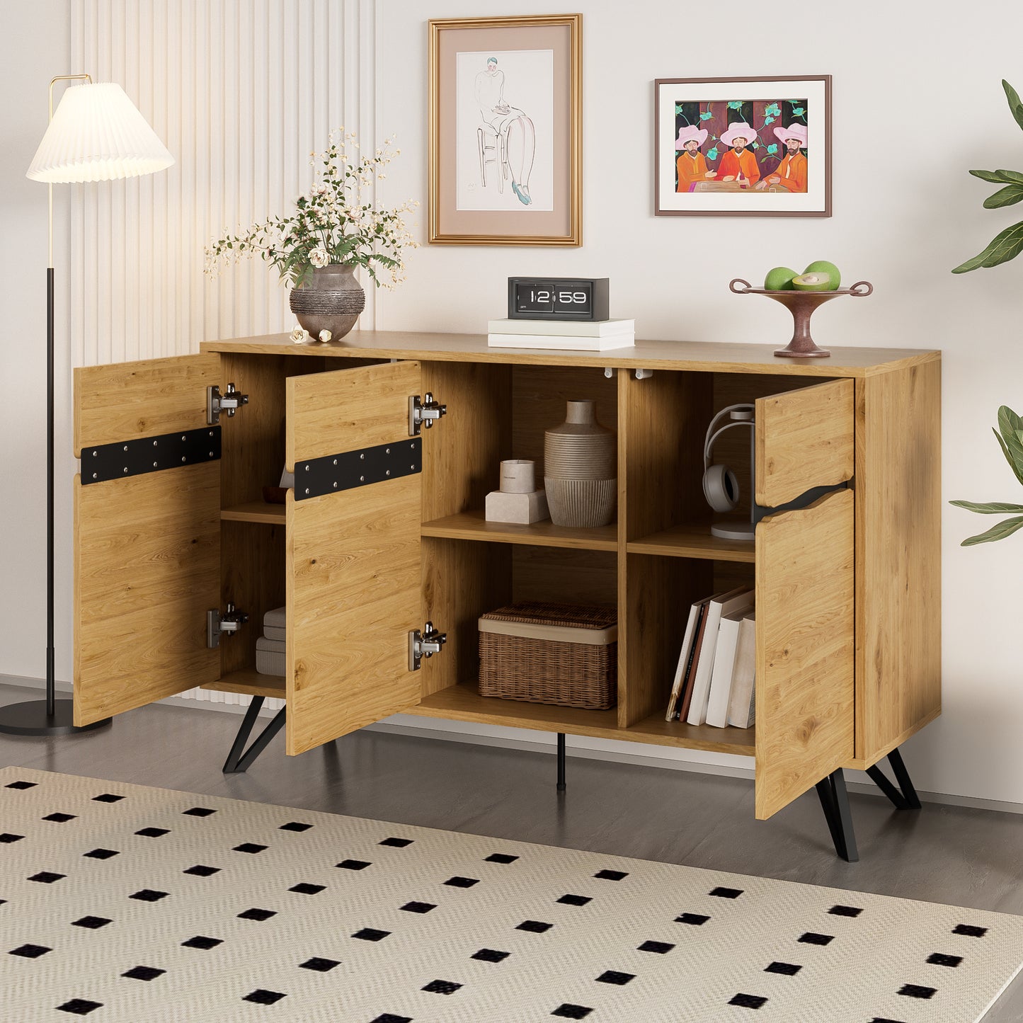 BTM Sideboard / Cupboard / Storage Cabinet in Wood Look, Modern 3-Door Storage Sideboard with Clear Lines, Doors And Metal Legs in Scandinavian Style, 140×40×75.5 Cm