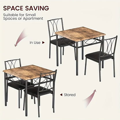 Compact Eettafel Set – Kleine Eetkamer Tafel – Bistro Set – Keukentafel Voor 2 Personen – Vintage Retro Stijl – Metaal En MDF – Padded Stoelen & Stevige Frame – Bruine Houtnerf Afwerking