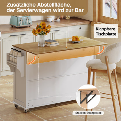 Keukenwagen – Keukentrolley – Keukenkar – Keukenmeubel – Keukenblad – Uitklapbaar Werkblad 70 cm – Witte MDF Mobiele Keukenwagen Met 4 Deuren en 3 Lade