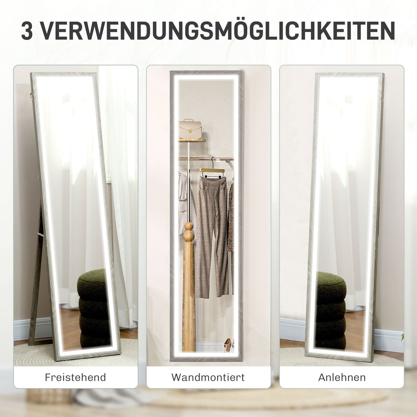 LED Spiegel – Volledige Lengte Spiegel – Wandspiegel – Passpiegel – Make-up Spiegel – 40x160 cm – Dimbare Touch Verlichting – 3 Lichtkleuren – Grijs