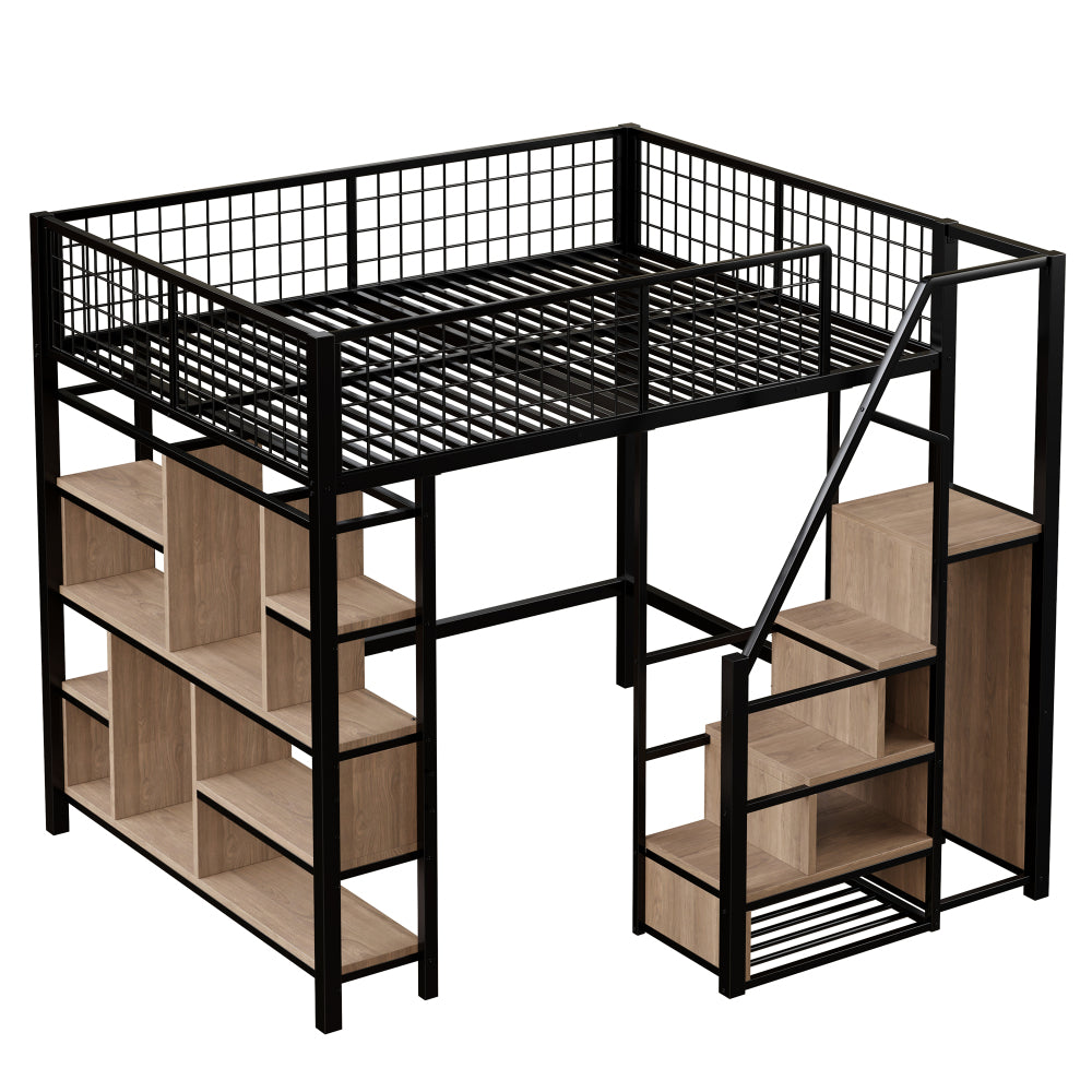 Bed – Bedframe – Bedden – Slaapbed – Stapelbed – Zwart – Metalen Frame – Opbergruimte – Trap – 140 x 200 cm