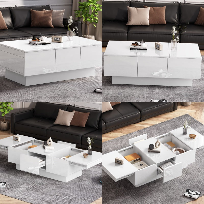 Salontafel – Woonkamertafel – Koffietafel – Bijzettafel – Tafel – Hoogglans Wit – Uitschuifbaar – Met 2 Lades en Verborgen Opbergruimte