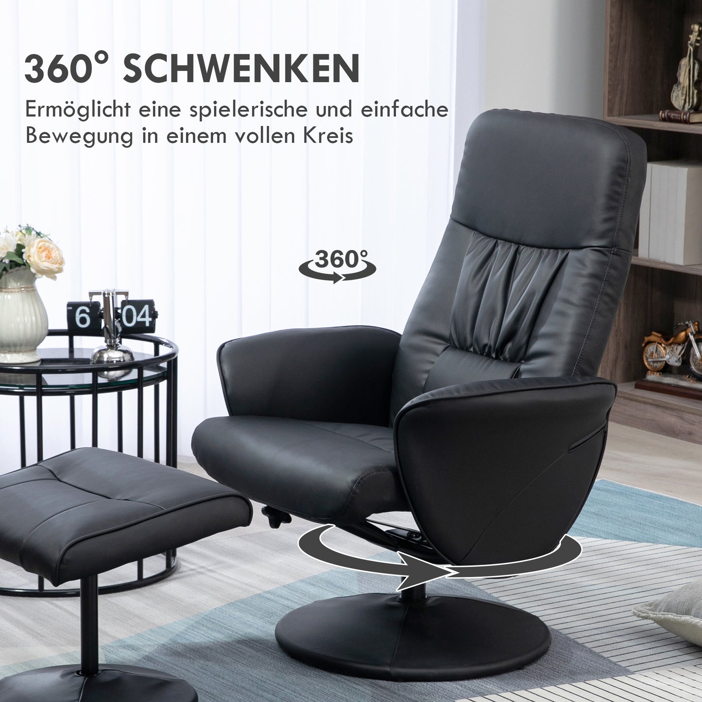 Relaxfauteuil – Relaxstoel – Fauteuil – Leunstoel – Voetenbank – Zwart – Manueel Verstelbare Rugleuning 145° – Draaibaar Onderstel 360°