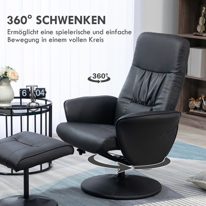 Relaxfauteuil – Relaxstoel – Fauteuil – Leunstoel – Voetenbank – Zwart – Manueel Verstelbare Rugleuning 145° – Draaibaar Onderstel 360°