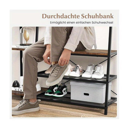 Kapstok – Wandkapstok – Schoenenrek – Halmeubel – Schoenenbank – 5-in-1 Multifunctioneel – Robuust Metaal & Hout – Vintage Bruin & Zwart