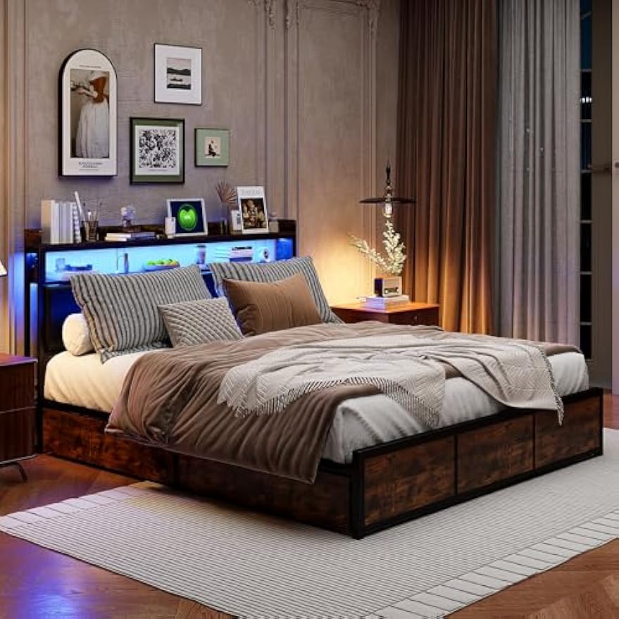 Tweepersoonsbed – Gestoffeerd Bed – Led Bed – Opberglade Bed – Zwart Bed – 180x200 cm – Ingebouwde LED-Verlichting – Vier Ruime Opberglades